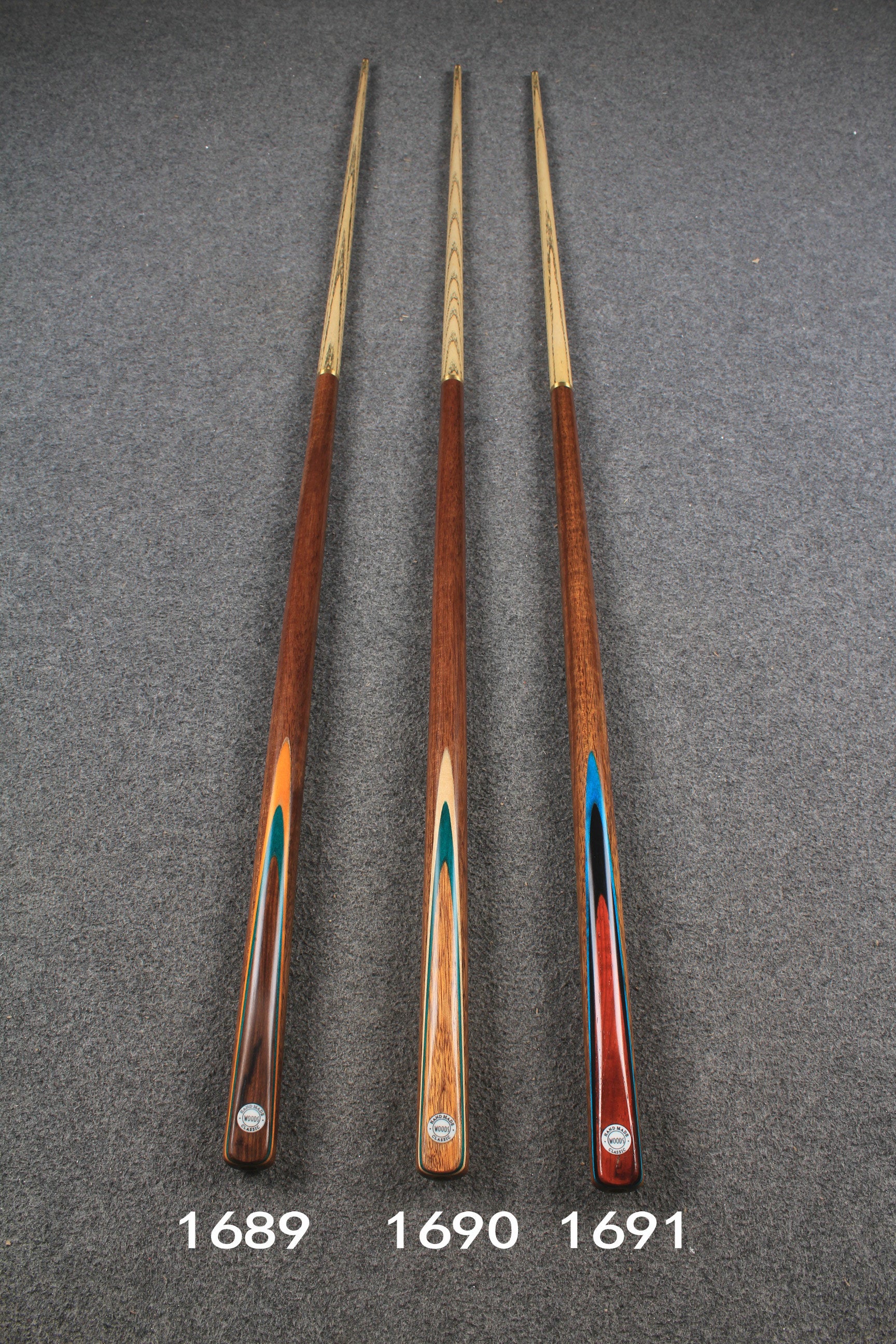 WOODS CUES, 1/2 handmade ash 52" snooker / pool cue #1689-#1691