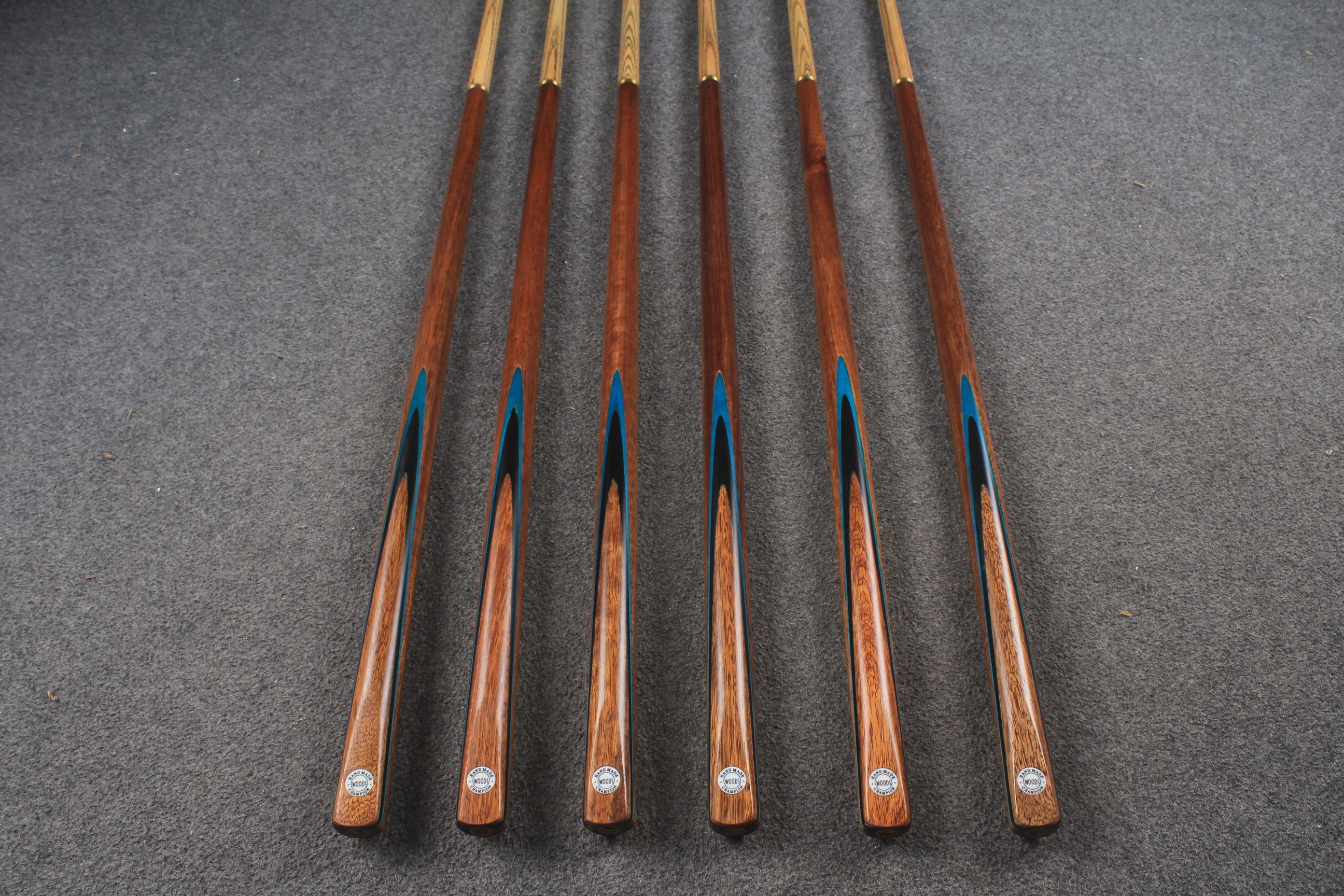 WOODS CUES, 1/2 handmade ash 57" snooker / pool cue #1692-#1697