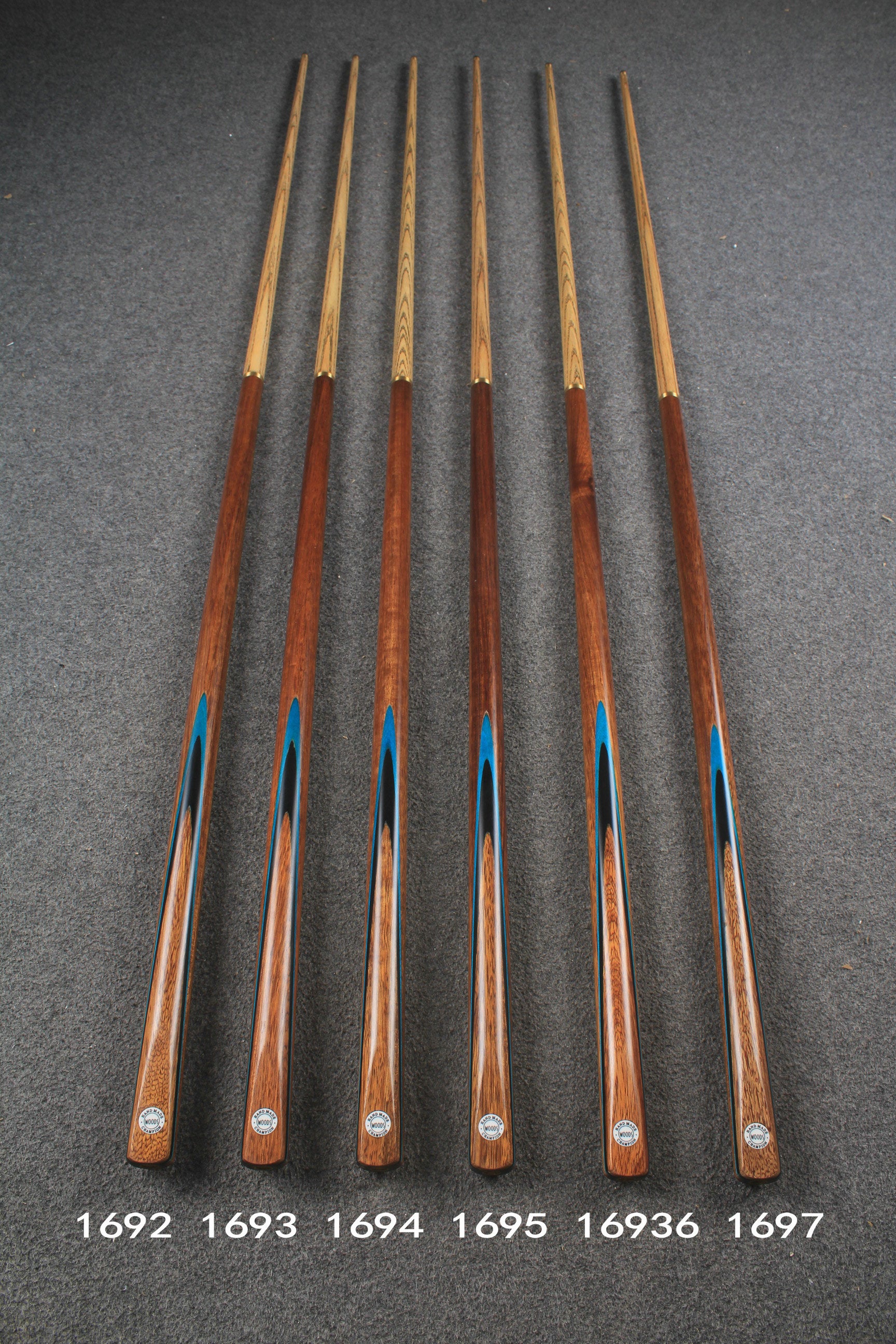 WOODS CUES, 1/2 handmade ash 57" snooker / pool cue #1692-#1697