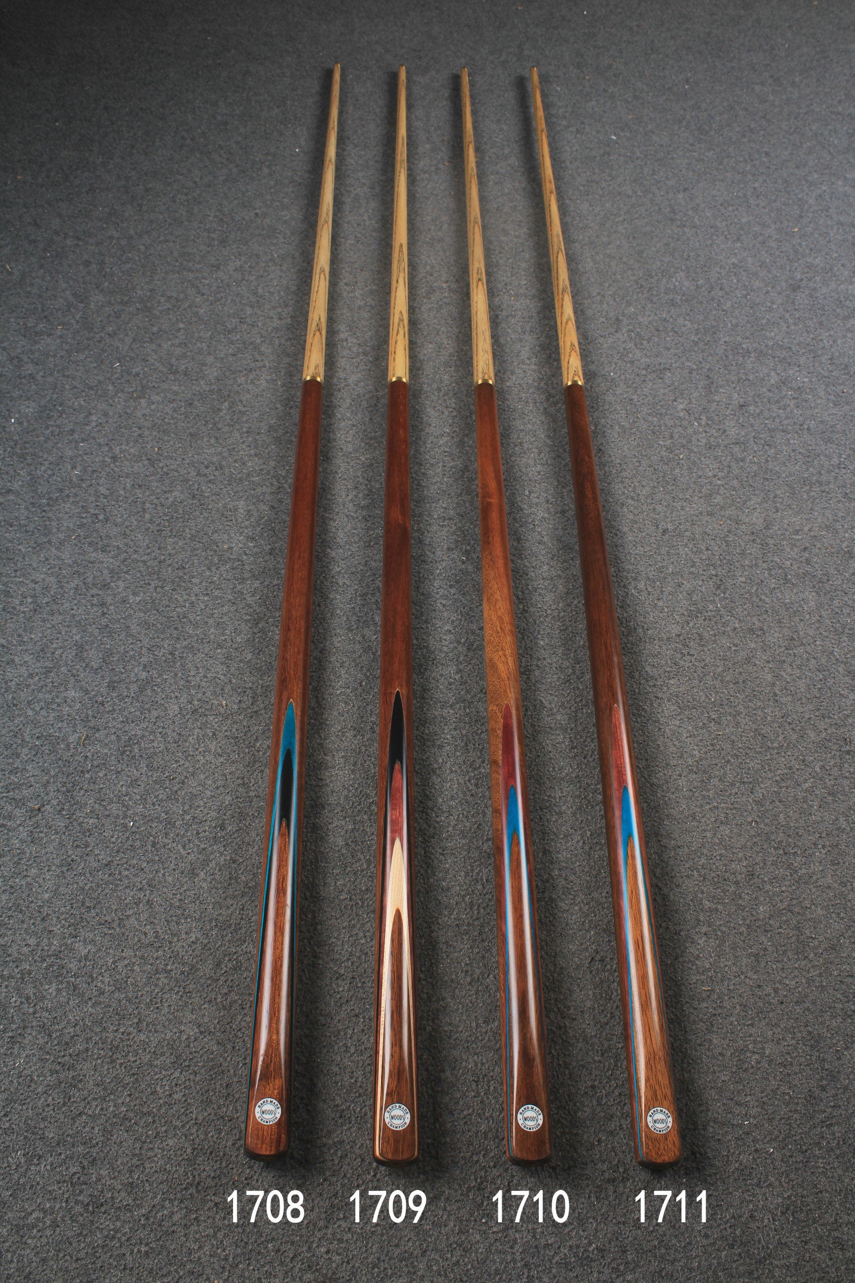 WOODS CUES, 1/2 handmade ash 57" snooker / pool cue #1708-#1711